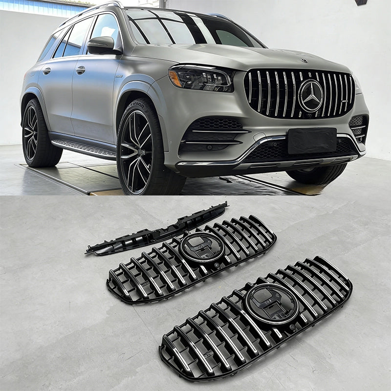 Matte grey 2020-2023 Mercedes Benz GLS450 and GLS580 X167 featuring installed AMG GT style Panamericana grille, shown above the uninstalled 1:1 direct fit replacement parts.