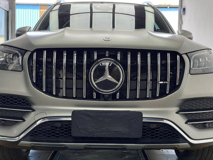 Direct front view of a 2020 to 2023 Mercedes Benz GLS450 X167 equipped with a custom AMG GT style Panamericana front grille and center emblem.