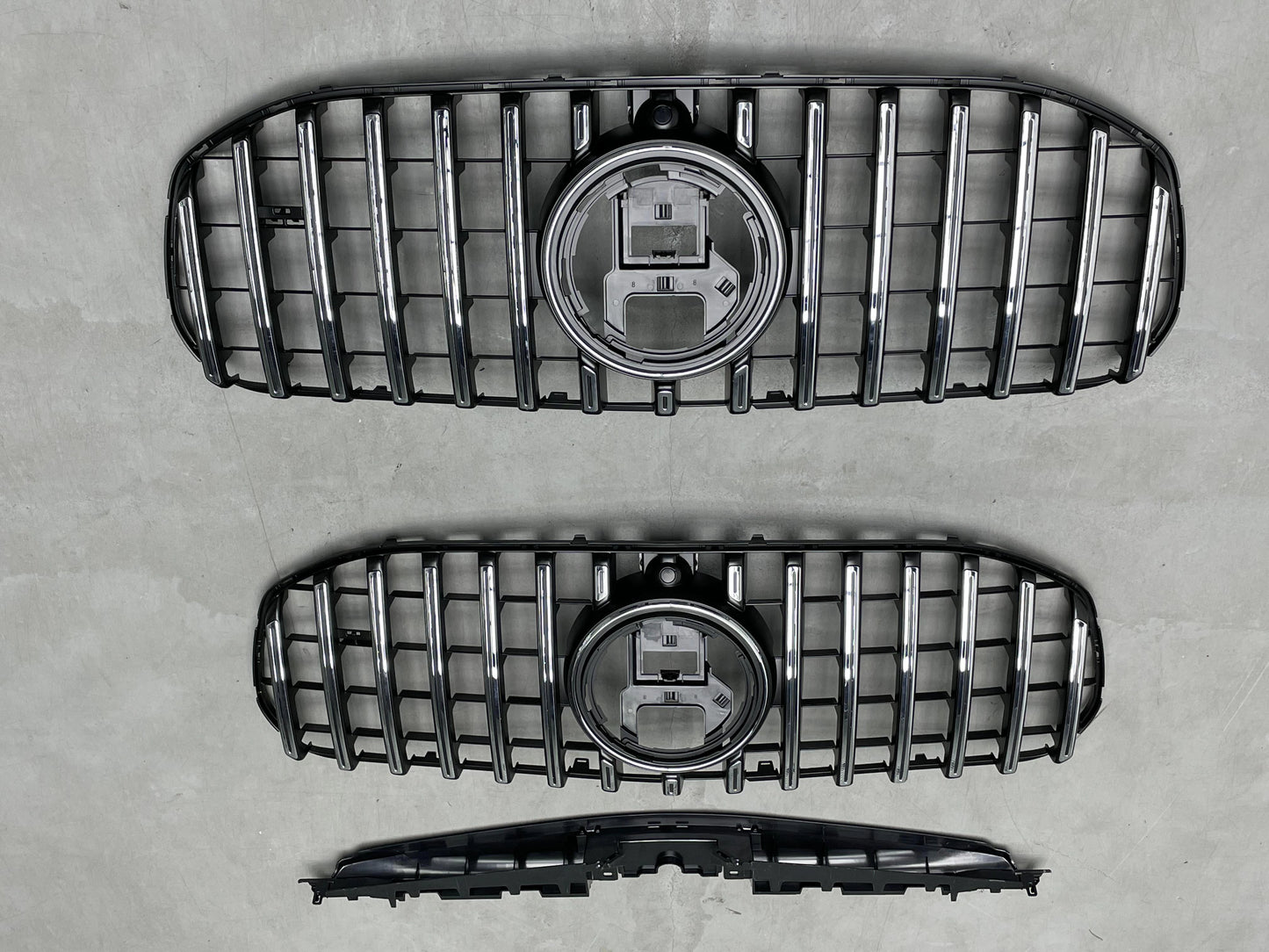 Top-down view of the 1:1 exact fit AMG GT style Panamericana front grille replacement parts for 2020-2023 Mercedes GLS450 and GLS580 X167, ready for installation.